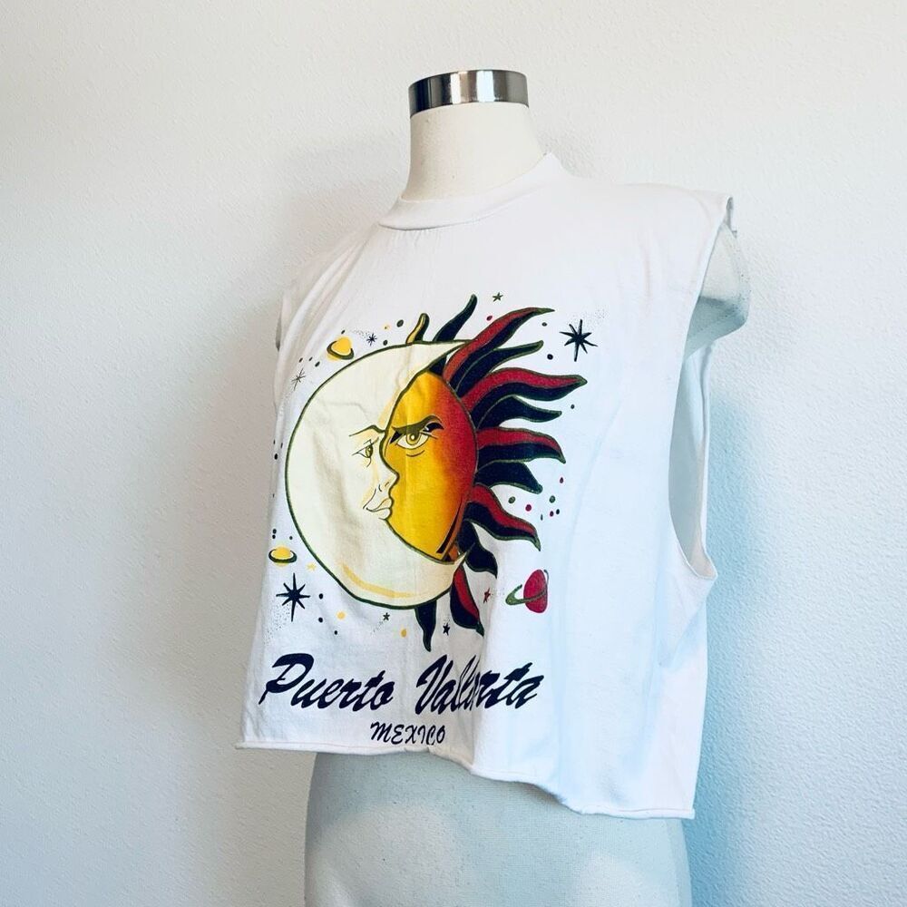 Vintage Aries White Cut Off Cropped T Shirt L Large Sun Moon Zodiac - Picture 2 of 8